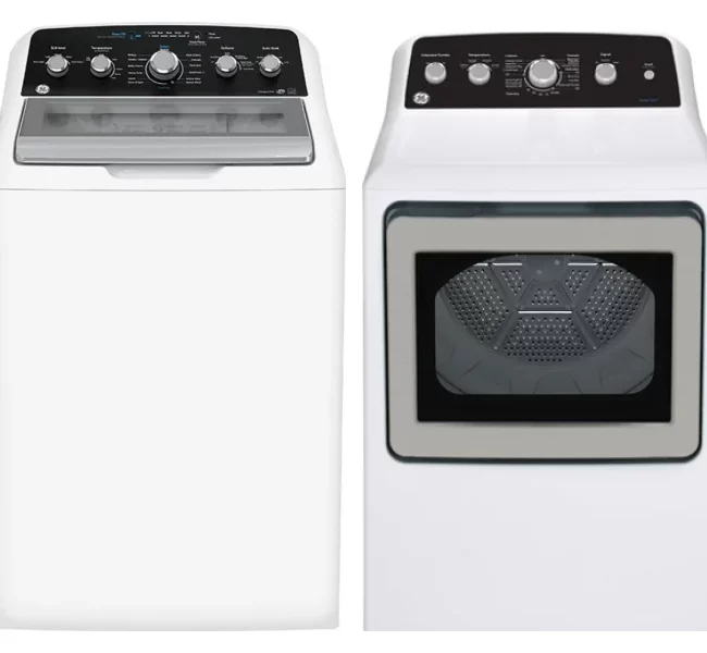 Ensemble laveuse et sécheuse GE – 27 pouces, 4.9 pi³ / 7.2 pi³, chargement par le haut, blanc – GTW491BMRWS & GTD49EBMRWS