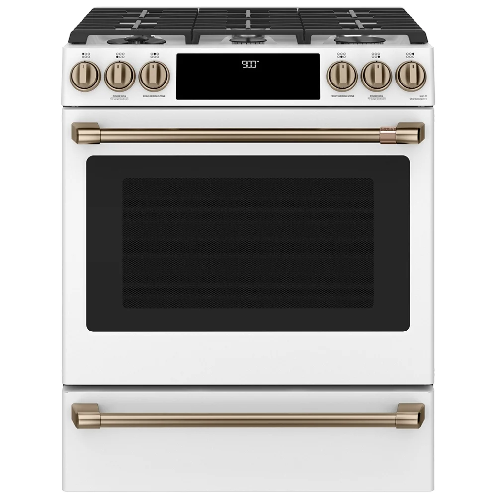 Cuisinière à biénergie GE Café – 30 pouces, 5,7 pi³, blanc – CC2S900P4MW2