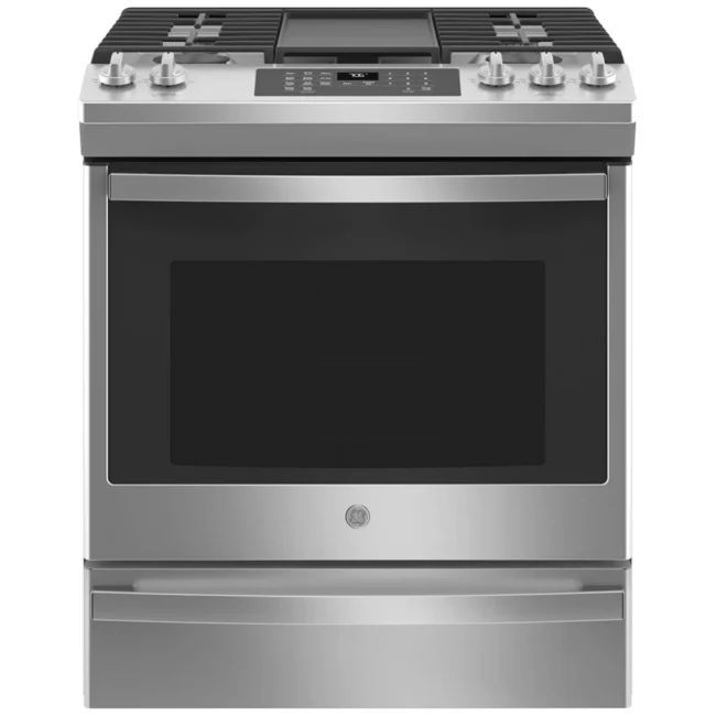 Cuisinière à gaz GE – 30 pouces, 5,6 pi³, inox – JCGS760SPSS