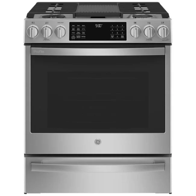 Cuisinière à biénergie GE Profile, 30 pouces, 5 brûleurs, inox – PC2S930YPFS