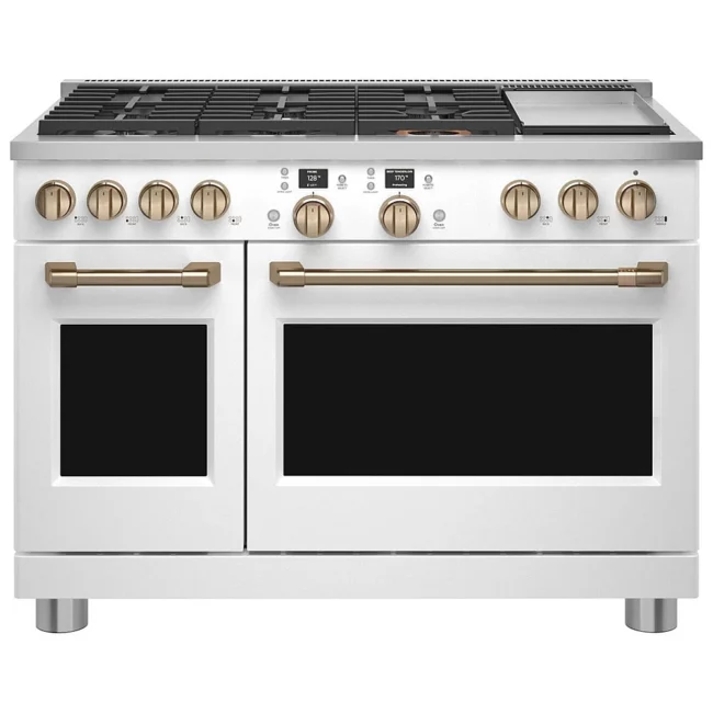 Cuisinière à biénergie GE Café – 48 pouces, four double 8,25 pi³, blanc mat – C2Y486P4TW2