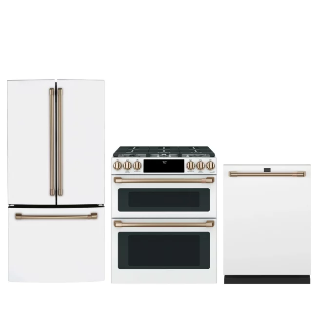 Ensemble de cuisine GE Café blanc – réfrigérateur 33pouces + cuisinière au gaz double four + lave-vaisselle 39 dB - CCGS750P4MW2 + CWE19SP4NW2 + CDT875P4NW2