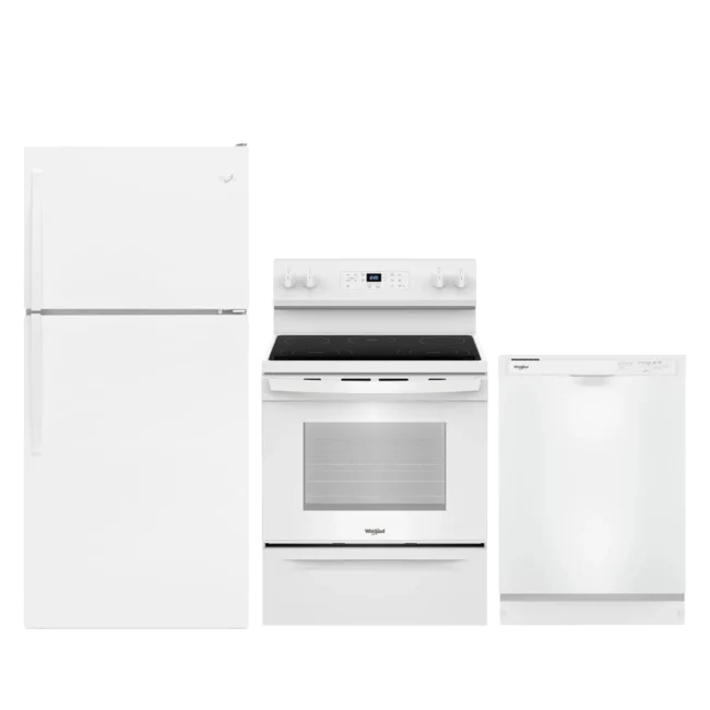 Ensemble de cuisine Whirlpool blanc – réfrigérateur 30 pouces + cuisinière électrique + lave-vaisselle 24 pouces - WRT148FZDW + YWFES3330RW + WDF341PAPW