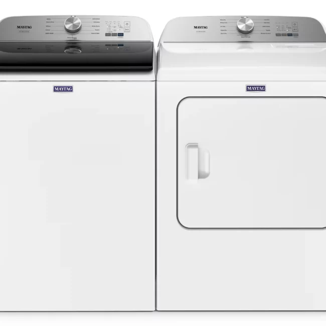 Ensemble laveuse-sécheuse Maytag – laveuse 28 pouces, sécheuse 29 pouces, chargement vertical, blanc – MVW6500MW & YMED6500MW