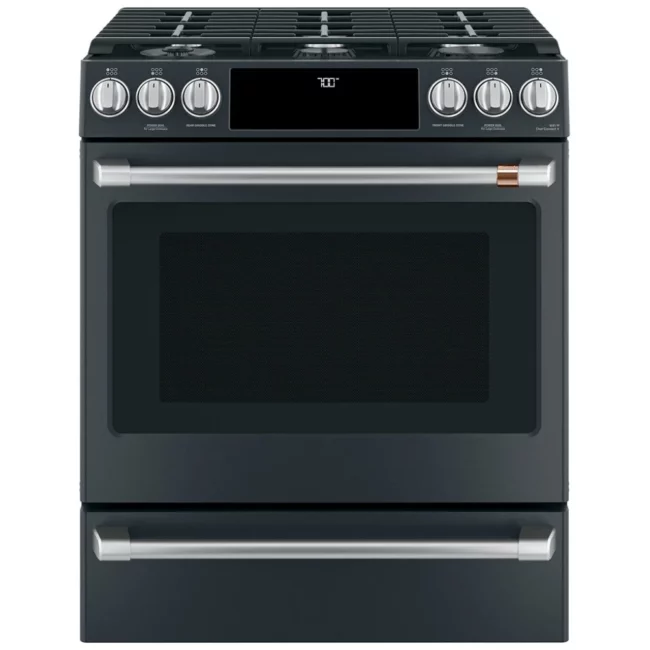 Cuisinière à gaz Café 30 po noir mat – 6 brûleurs, convection & Air Fry – CCGS700P3MD1