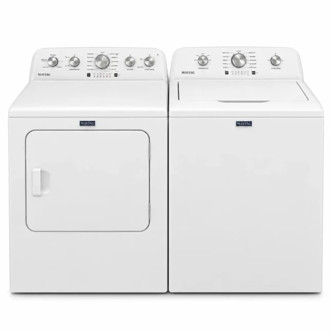 Ensemble laveuse-sécheuse Maytag – 4,8 + 7 pi³, agitateur, Pet Pro et vapeur, blanc – MTW4205SW + YMED5605RW