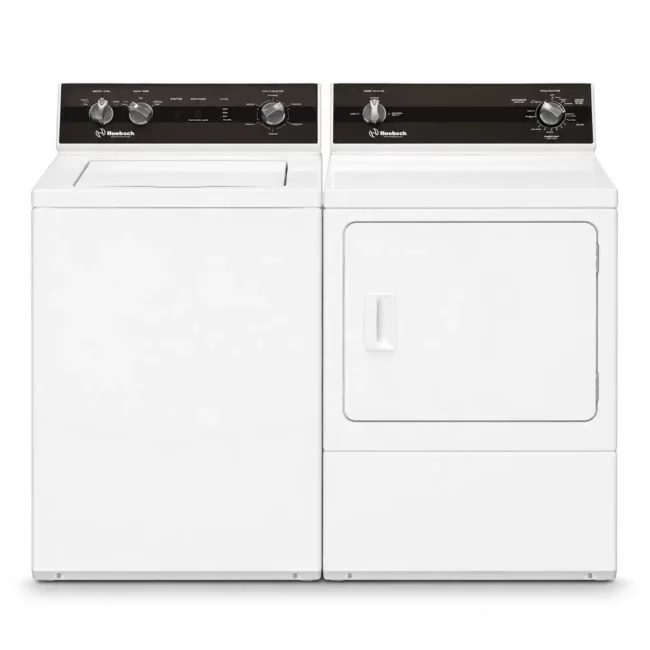 Ensemble laveuse-sécheuse Huebsch – 3,2 + 7 pi³, conception robuste, blanc – TR5104WN + DR3101WE