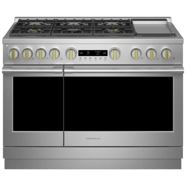 Cuisinière biénergie Monogram professionnelle – 48 pouces, double four 8,25 pi³, 6 brûleurs et Air Fry – ZDP486NDTSS