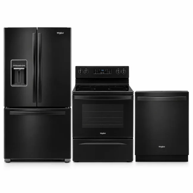 Ensemble cuisine Whirlpool noir - réfrigérateur 20 pi³, cuisinière & lave-vaisselle - WRF560SEHB + YWFES3530RB + WDT550SAPB