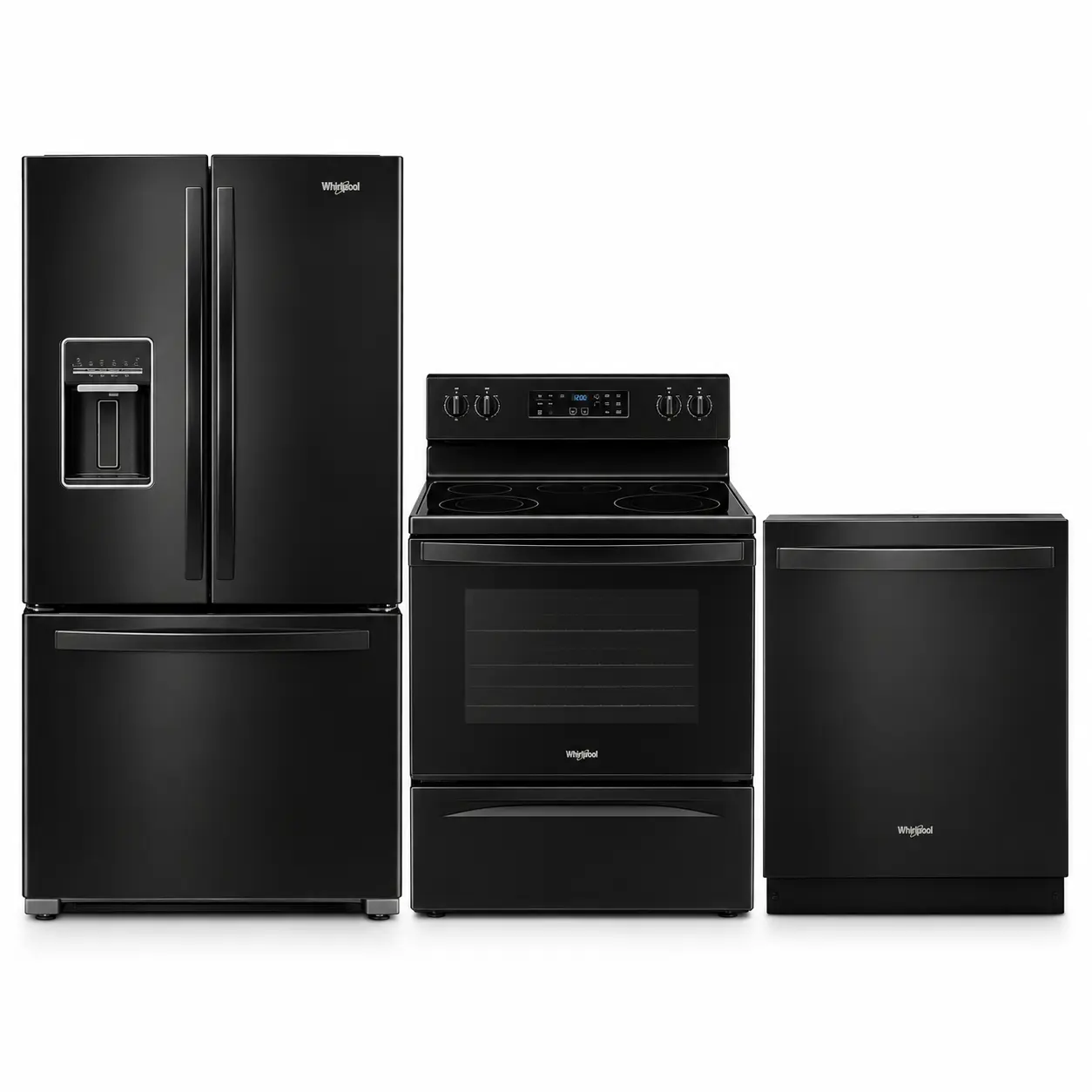 Ensemble cuisine Whirlpool noir - réfrigérateur 20 pi³, cuisinière & lave-vaisselle - WRF560SEHB + YWFES3530RB + WDT550SAPB