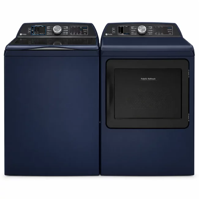 Ensemble laveuse-sécheuse GE Profile - 28 po, 6,2 & 7,3 pi³, SmartDispense et vapeur - PTW800BPWRS & PTD90EBMTRS