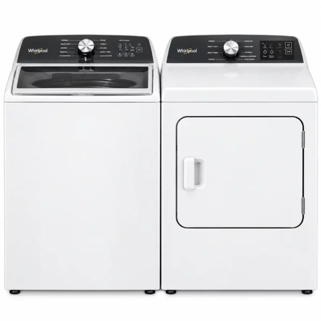 Ensemble laveuse et sécheuse Whirlpool – laveuse verticale 5,3 pi³ à turbine et sécheuse électrique 7 pi³  – WTW5020SW & YWED5050LW