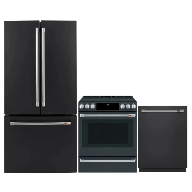 Ensemble cuisine GE Café noir mat – Réfrigérateur 33 pouces, cuisinière à convection et lave-vaisselle – CCES700P3MD1 & CWE19SP3ND1 & CDT845P3ND1