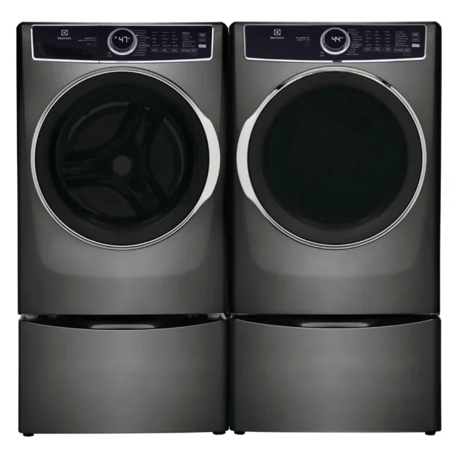 Ensemble laveuse 5,2 pi³ et sécheuse 8 pi³ Electrolux 27 pouces avec 2 piédestaux titane – ELFW7637AT & ELFE763CAT + 2 EPWD257UTT