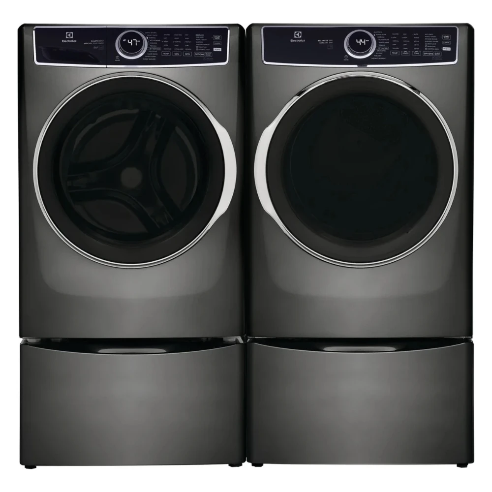 Ensemble laveuse 5,2 pi³ et sécheuse 8 pi³ Electrolux 27 pouces avec 2 piédestaux titane – ELFW7637AT & ELFE763CAT + 2 EPWD257UTT