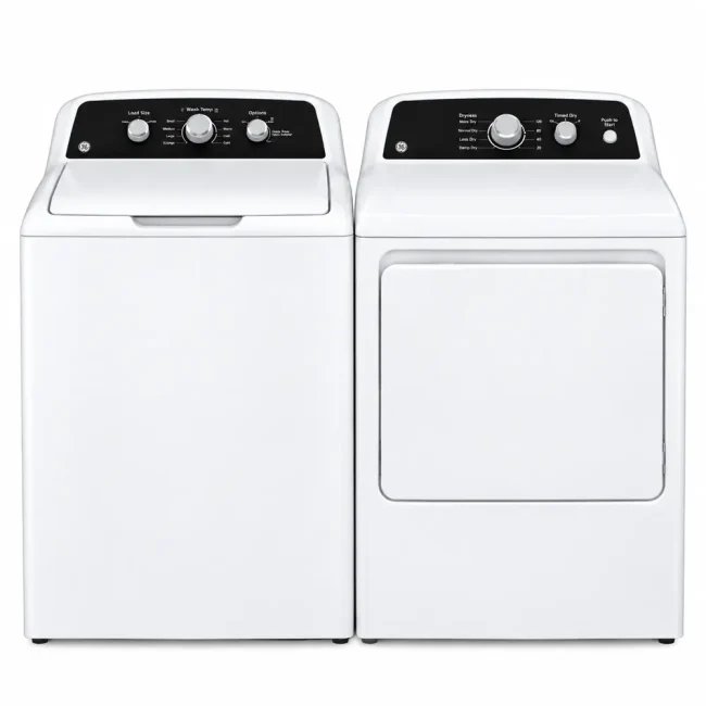 Ensemble laveuse-sécheuse GE - 27 pouces blanc, agitateur Dual Action, Cold Plus & Sensor Dry - GTW334BMRWS & GTX34EBMRWS