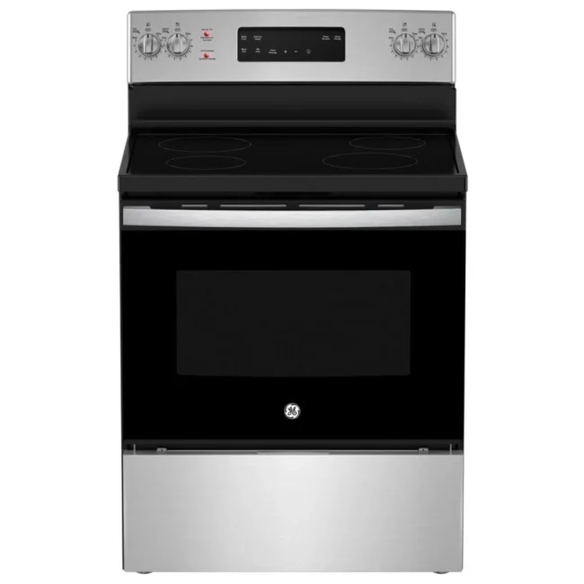 Cuisinière électrique GE 30 pouces inox, four autonettoyant 5 pi³ et surface vitrocéramique - JCB630SVSS
